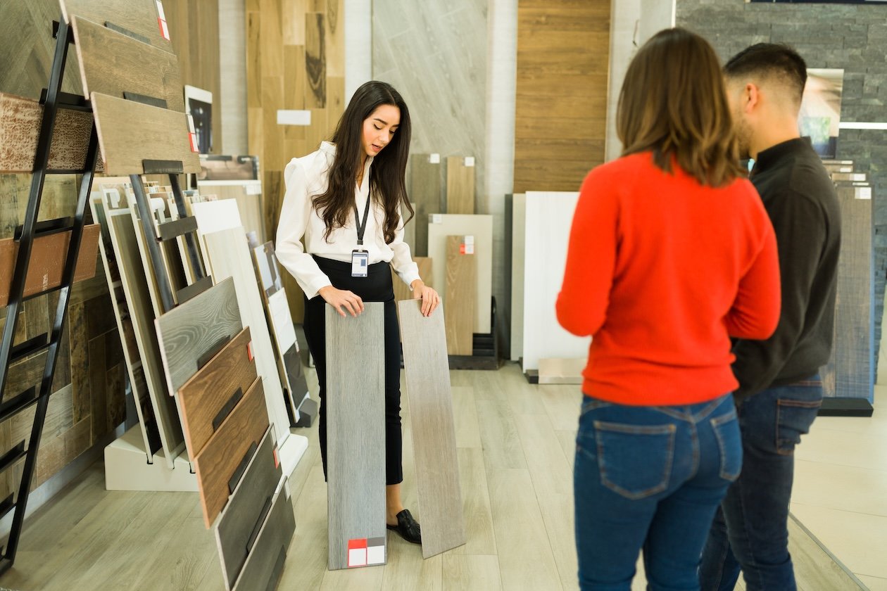 Flooring showroom with a wide selection of flooring displays and samples.