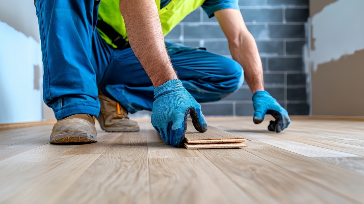 Flooring contractor installing new hardwood floors in home