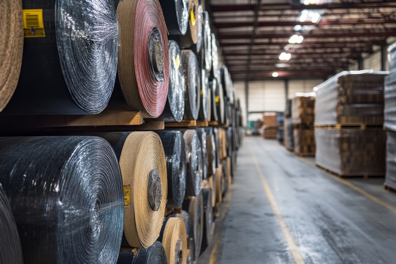 Rolls of commerical flooring in warehouse.
